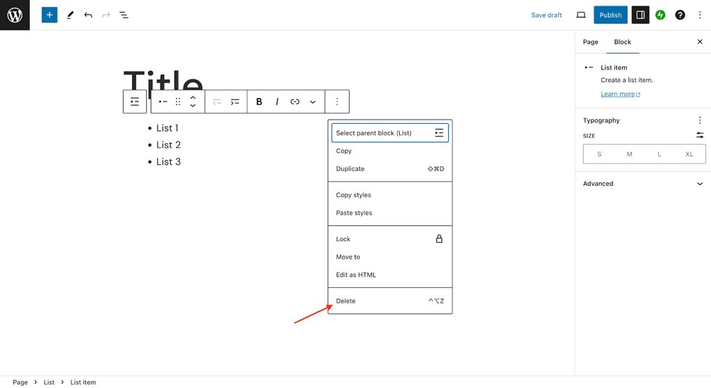 Deleting a block in Gutenberg from the three-dot options menu