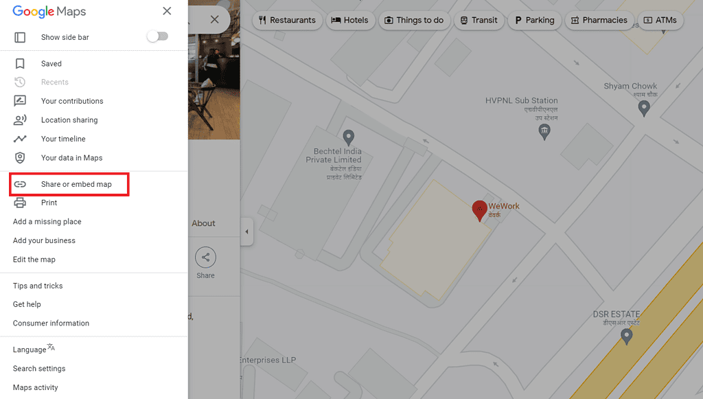 Selecting Share or embed map in Google Maps