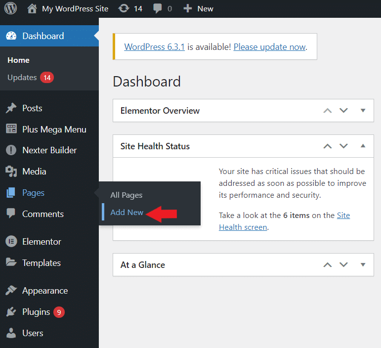 Creating a new page in WordPress to open the Gutenberg block editor