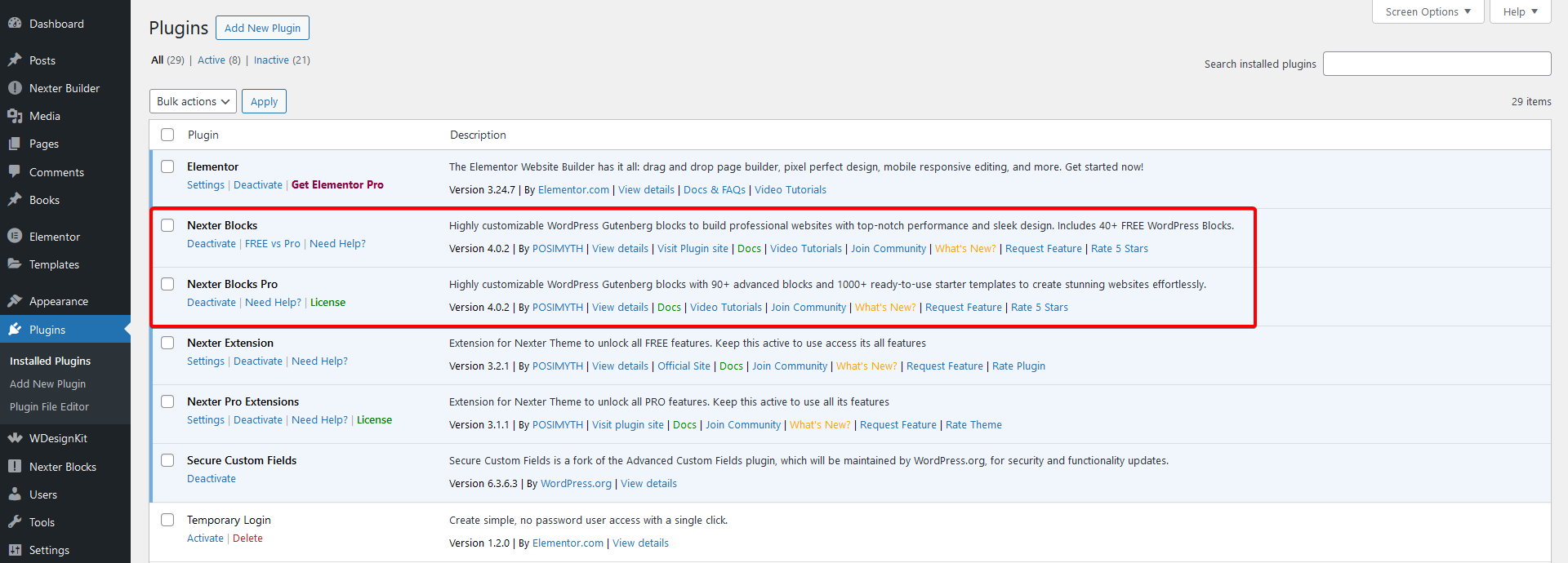 How to Install and Activate Nexter Blocks Free and Pro 8 nexter blocks plugins activated