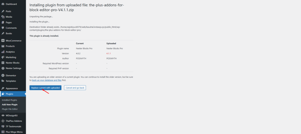 How to Roll Back Nexter WordPress Theme Free & Pro to Old Version? 4 nexter blocks replace current with uploaded