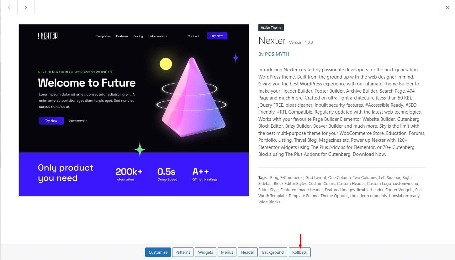 How to Roll Back Nexter WordPress Theme Free & Pro to Old Version? 9 nexter theme details rollback