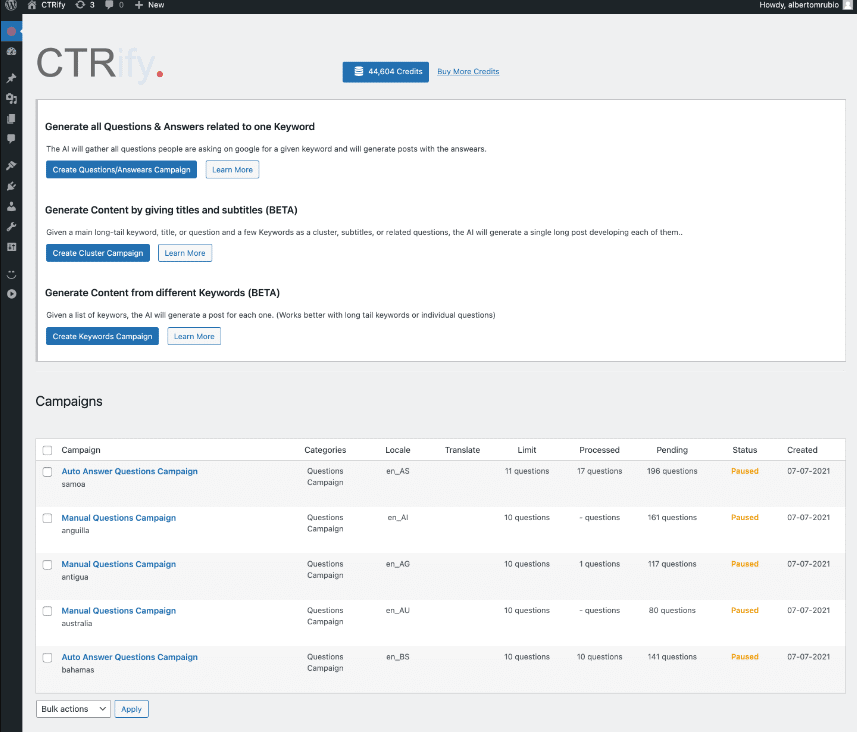 CTRify AI SEO content creation and generation interface