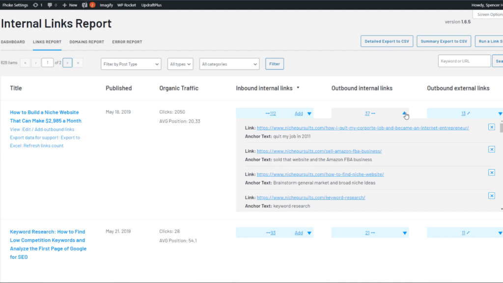 An internal links report showing inbound and outbound link counts per post