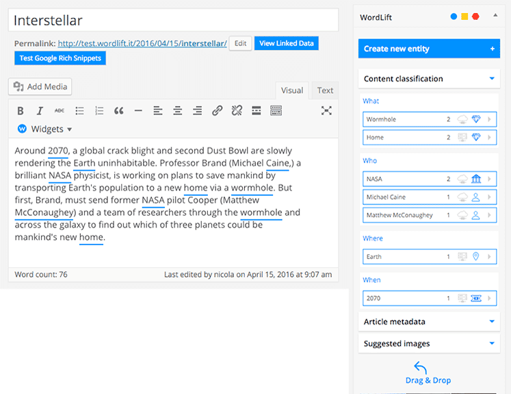 WordLift SEO optimization panel with entity detection and schema markup