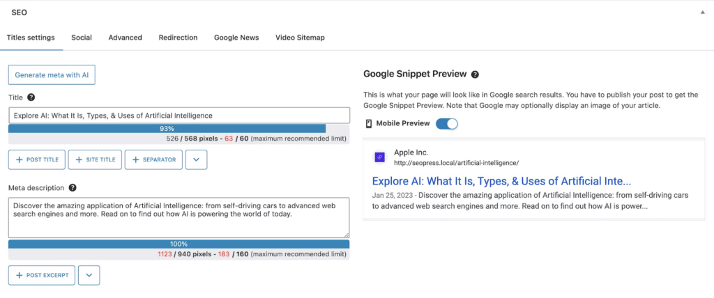 SEOPress settings and on-page SEO configuration panel