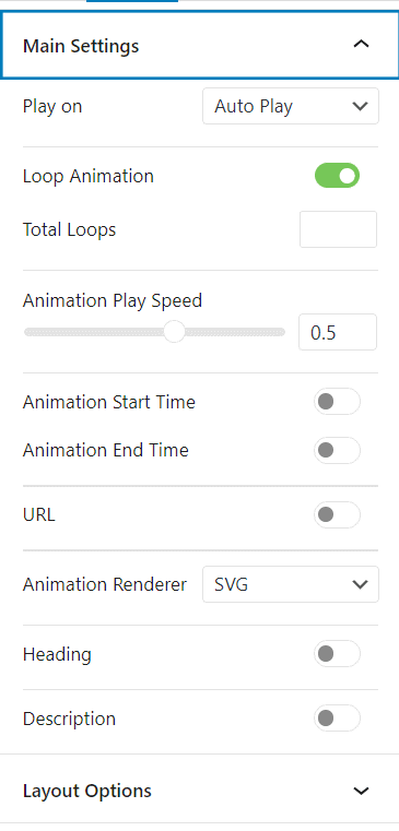 Main settings to control Lottie animation speed, loop, and play mode