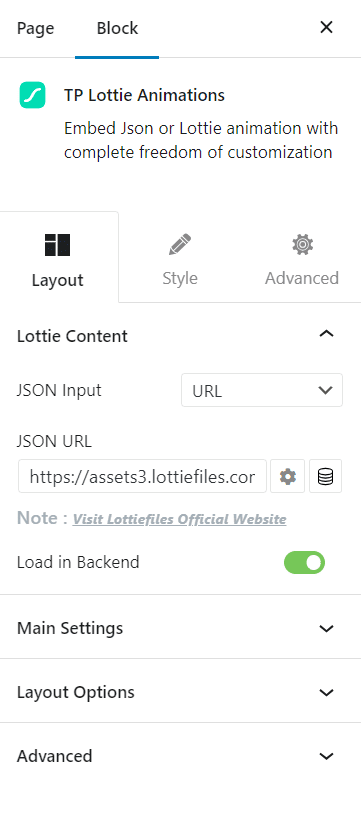 Pasting the Lottie animation JSON URL into the Nexter Blocks block