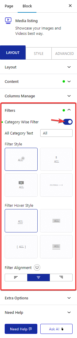 media listing category filters new