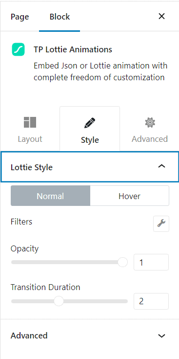 Style settings for Lottie animation opacity and transition duration