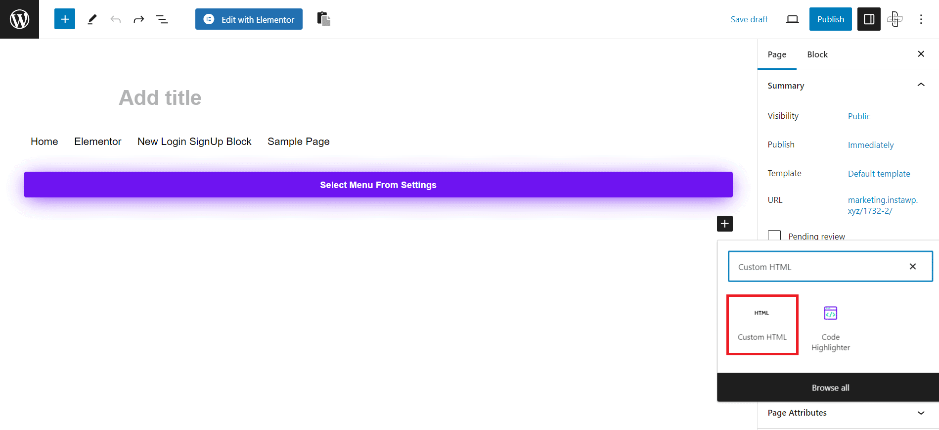 Adding a Custom HTML block in the Gutenberg editor