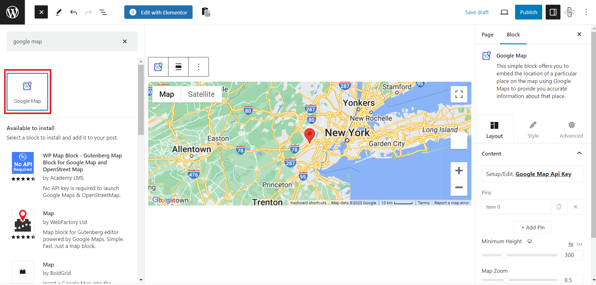 Inserting the Nexter Blocks Google Map block in the Gutenberg editor