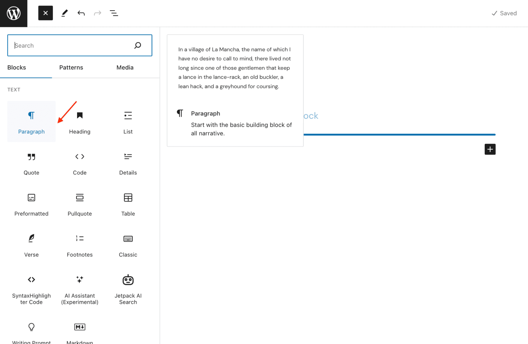 Formatting text with the Gutenberg Paragraph block toolbar