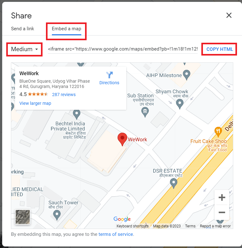 Copying the HTML embed code from the Embed a map tab