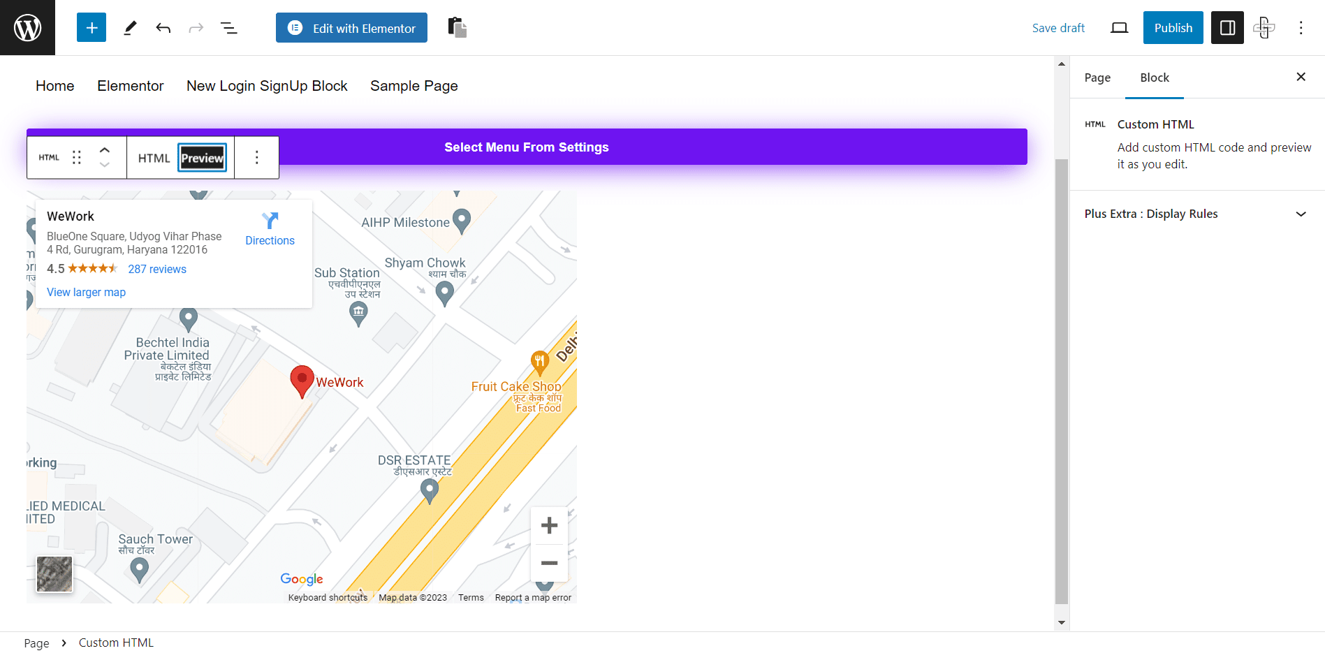Previewing the embedded Google Map on a WordPress page