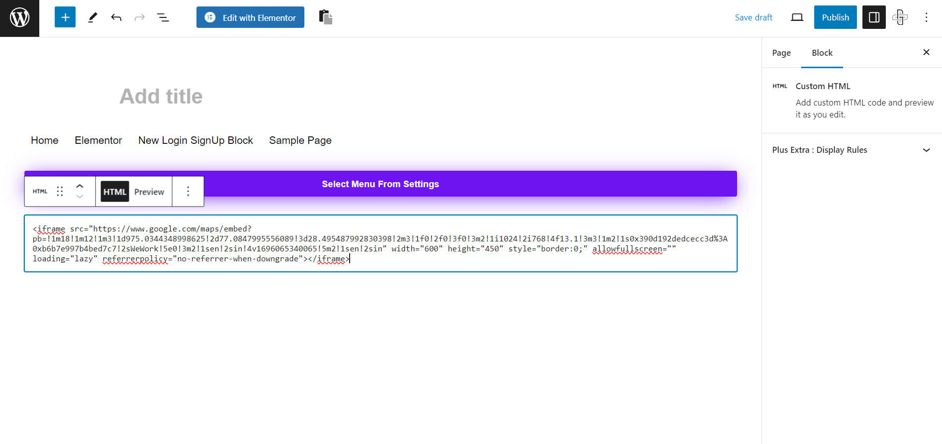 Pasting the embed code and saving the page in WordPress