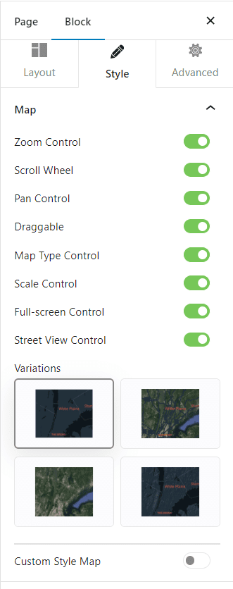 Style controls for the Nexter Blocks Google Map block