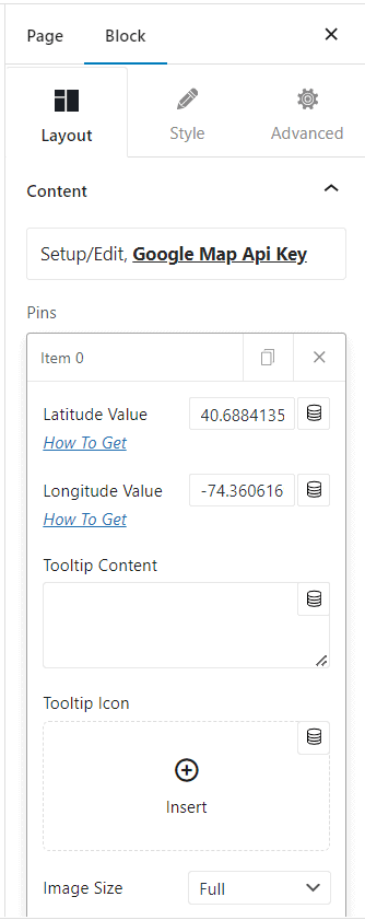 Adding latitude, longitude, and tooltip content for a map pin
