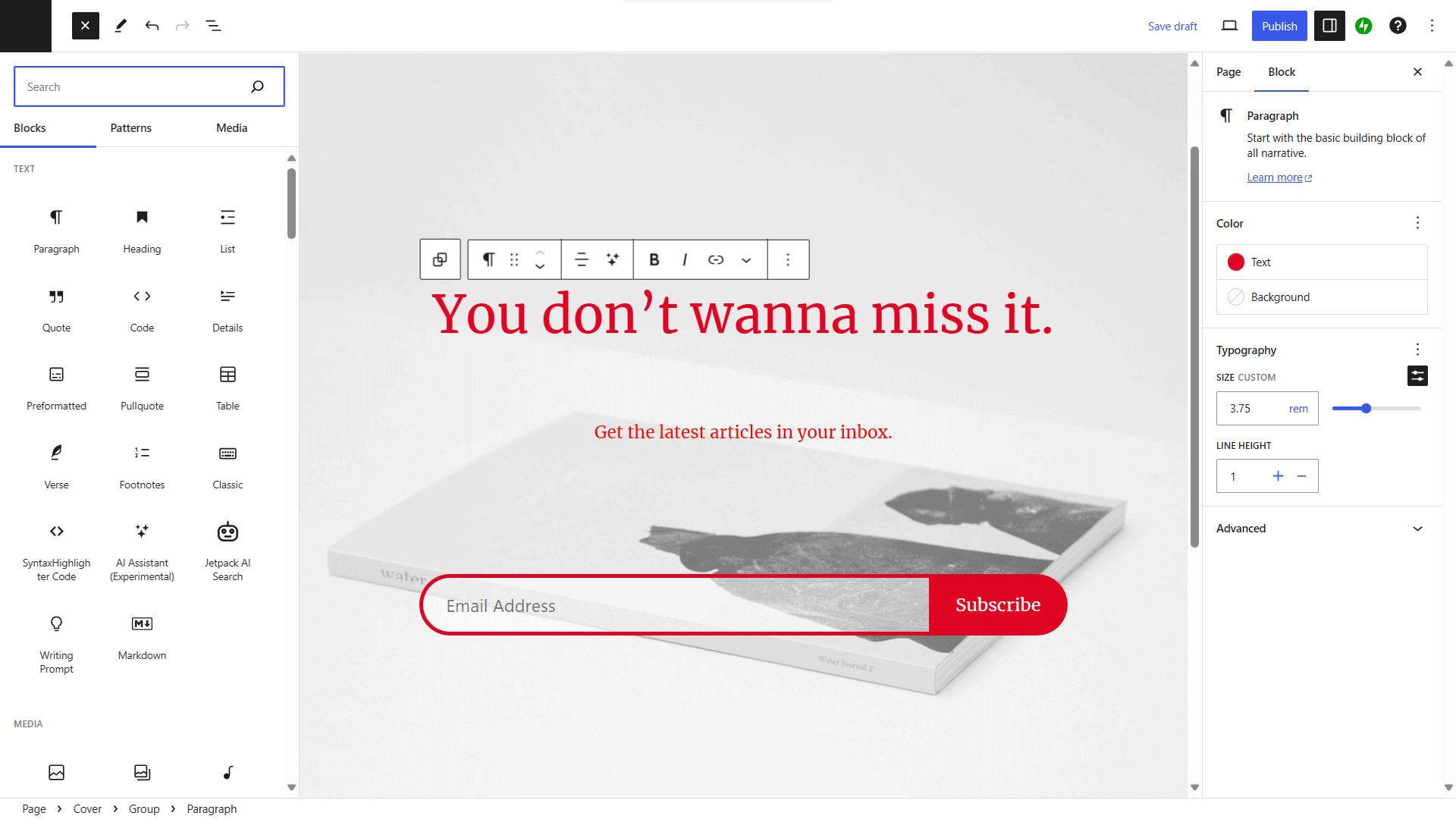 The WordPress Gutenberg block editor showing the block-based editing canvas
