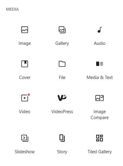 Gutenberg media blocks for images, galleries, video, audio and cover sections