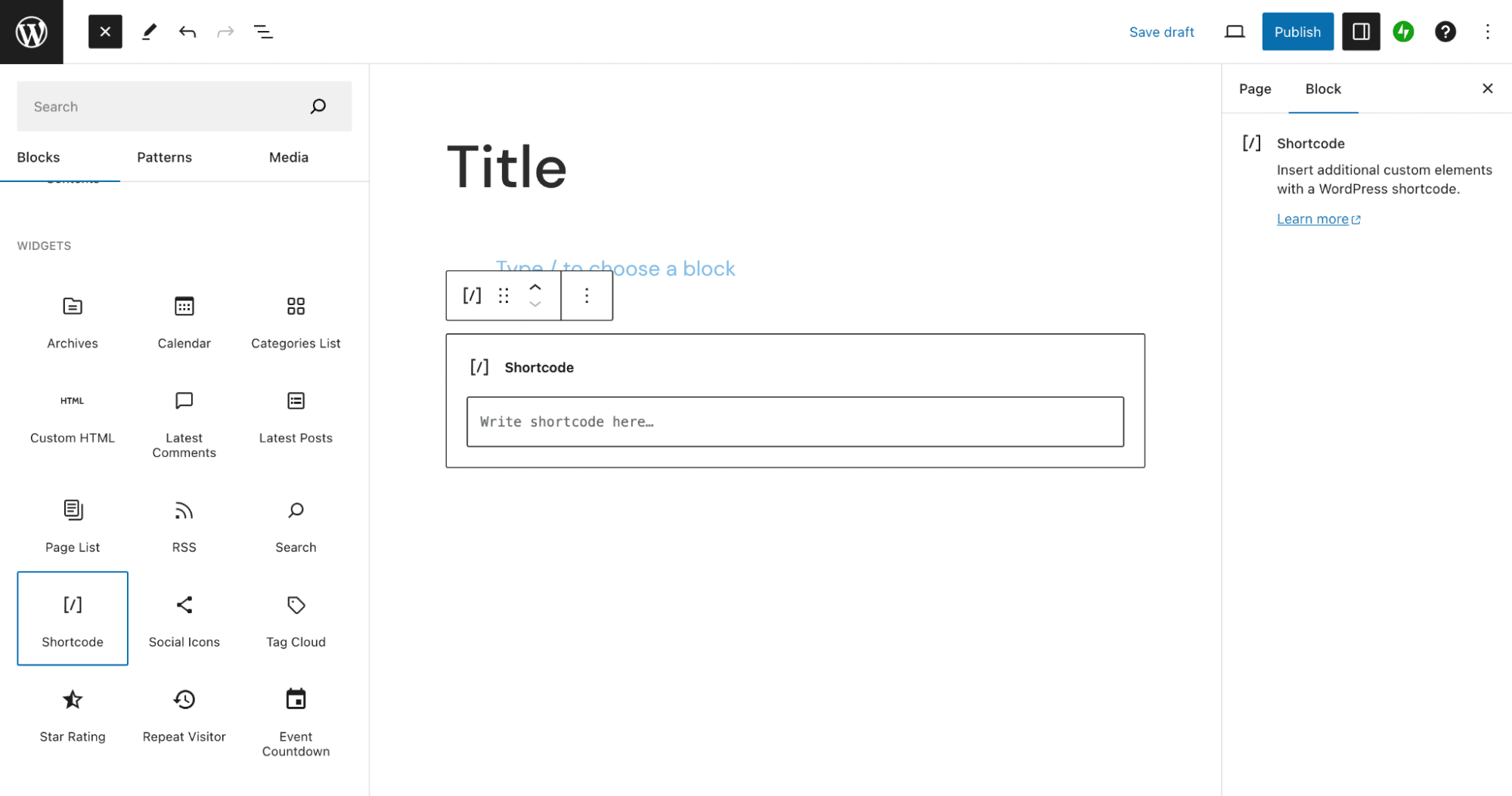 Adding a shortcode with the Gutenberg Shortcode block