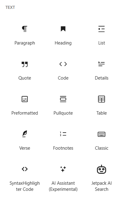 Gutenberg text blocks including Paragraph, Heading, Quote and List