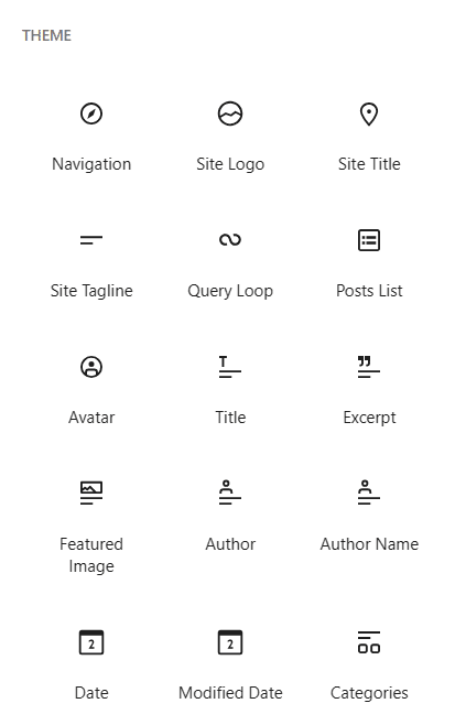 Gutenberg theme blocks for site title, logo, navigation and post elements