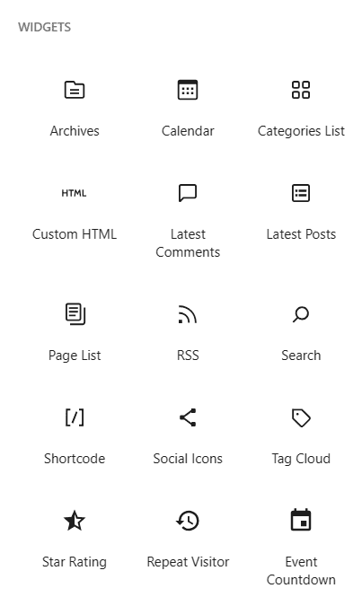 Gutenberg widget blocks including Calendar, Archives, Latest Posts and Social Icons