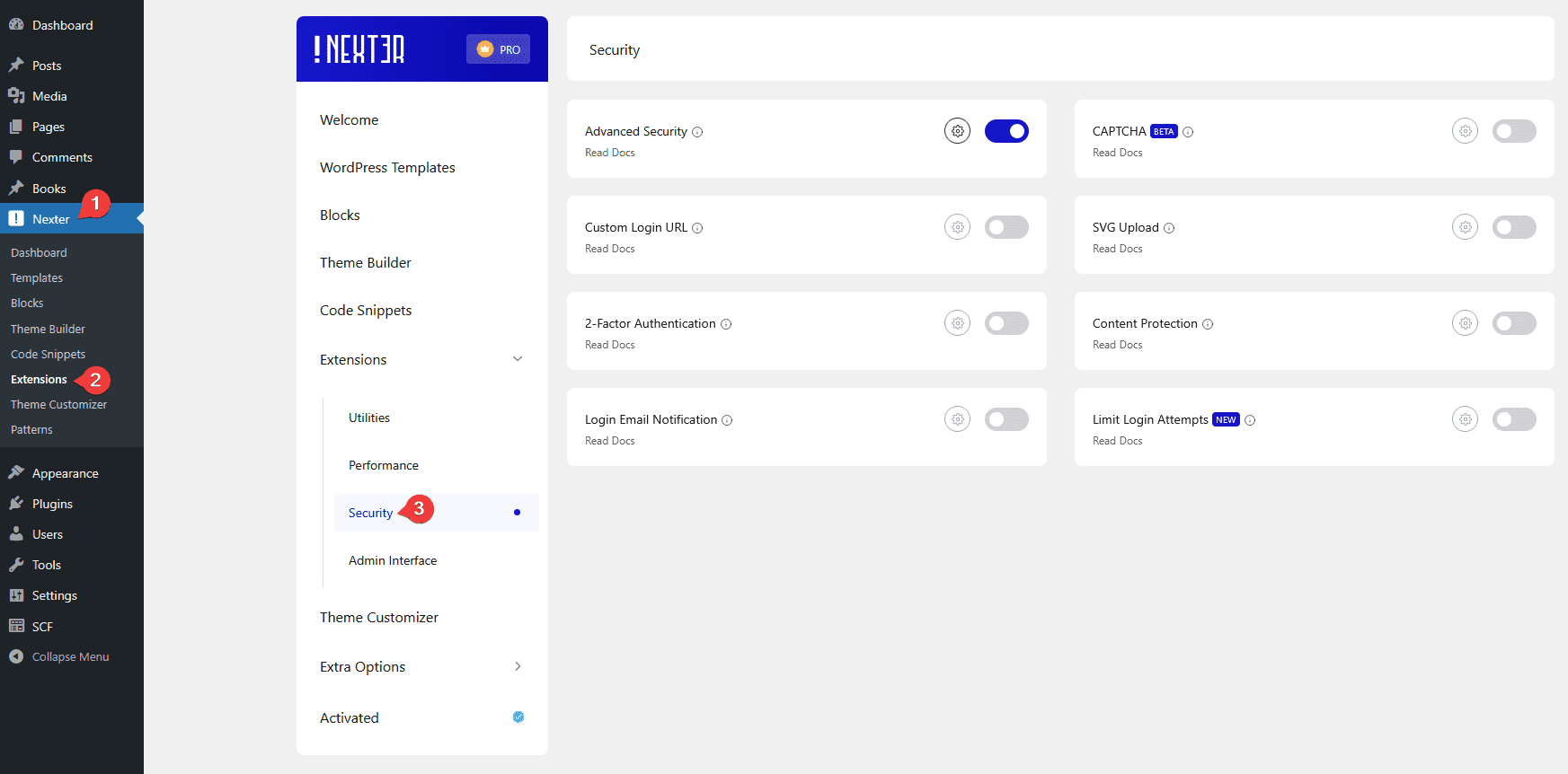 Nexter Extension security settings panel in the WordPress dashboard