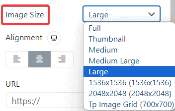 WordPress image block settings showing the Image Size dropdown with thumbnail, medium, large, and full size options