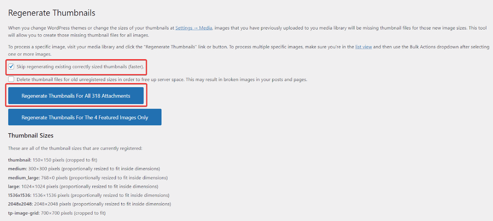 Regenerate Thumbnails plugin screen showing the checkbox option and Regenerate Thumbnails For All Attachments button