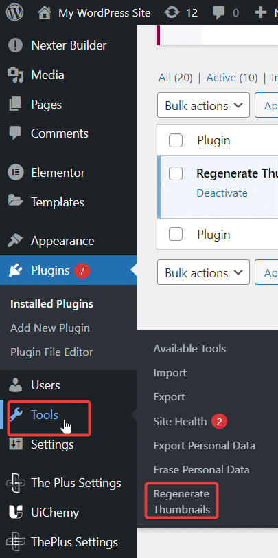 WordPress Tools menu showing the Regenerate Thumbnails option