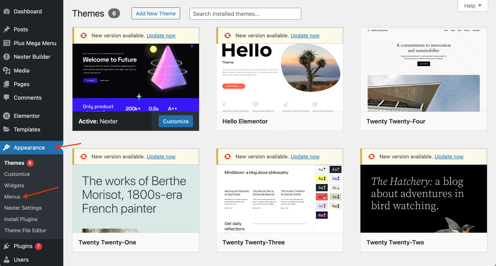 The Appearance Menus screen in the WordPress dashboard on a classic theme