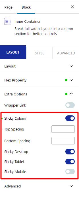 sticky column inner container extra options