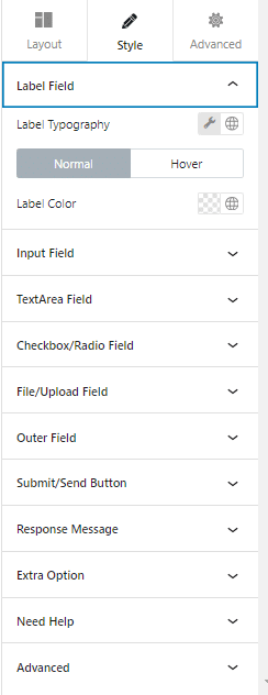 Styling tab for Everest Forms
