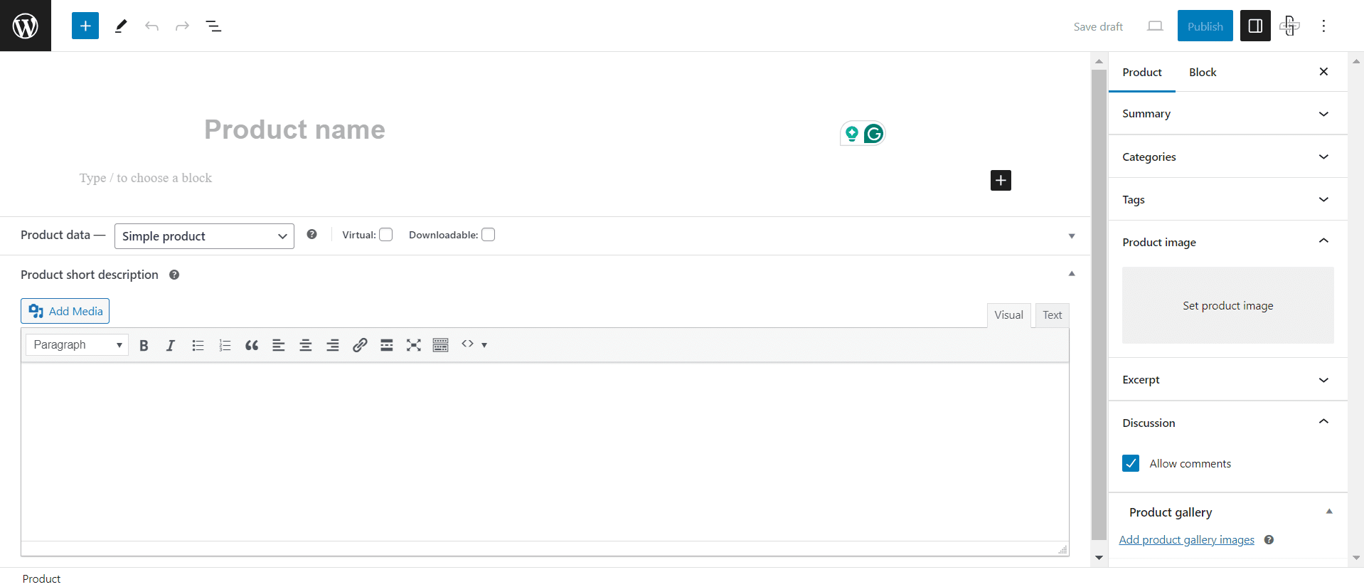 The Gutenberg block editor open on a WooCommerce product page