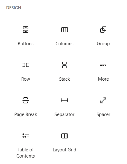 Gutenberg design blocks including Columns, Group, Spacer and Buttons