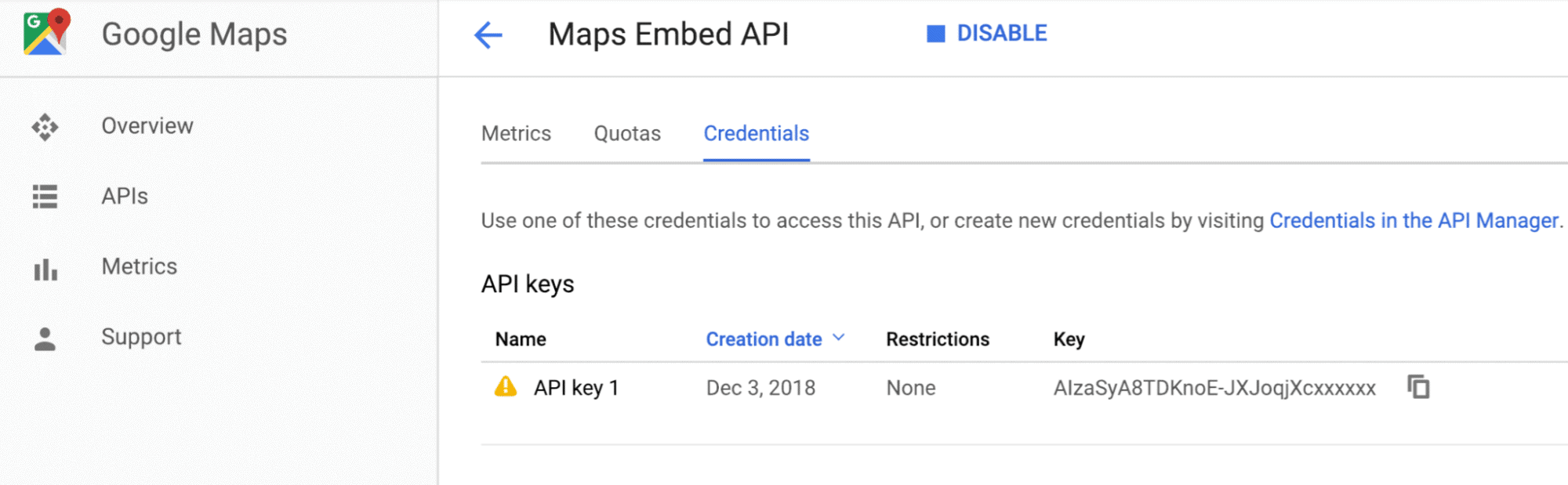 Creating an API Key under Credentials in Google Cloud Console