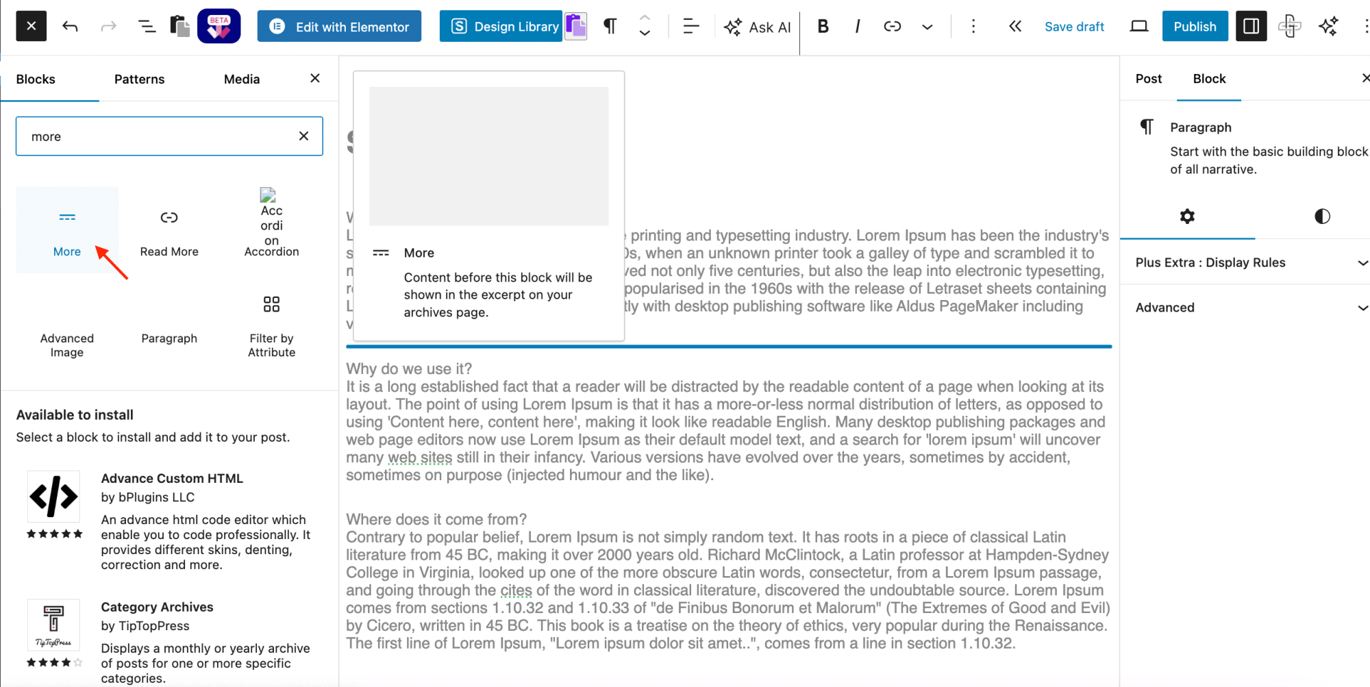 Adding the More block in the WordPress Gutenberg editor