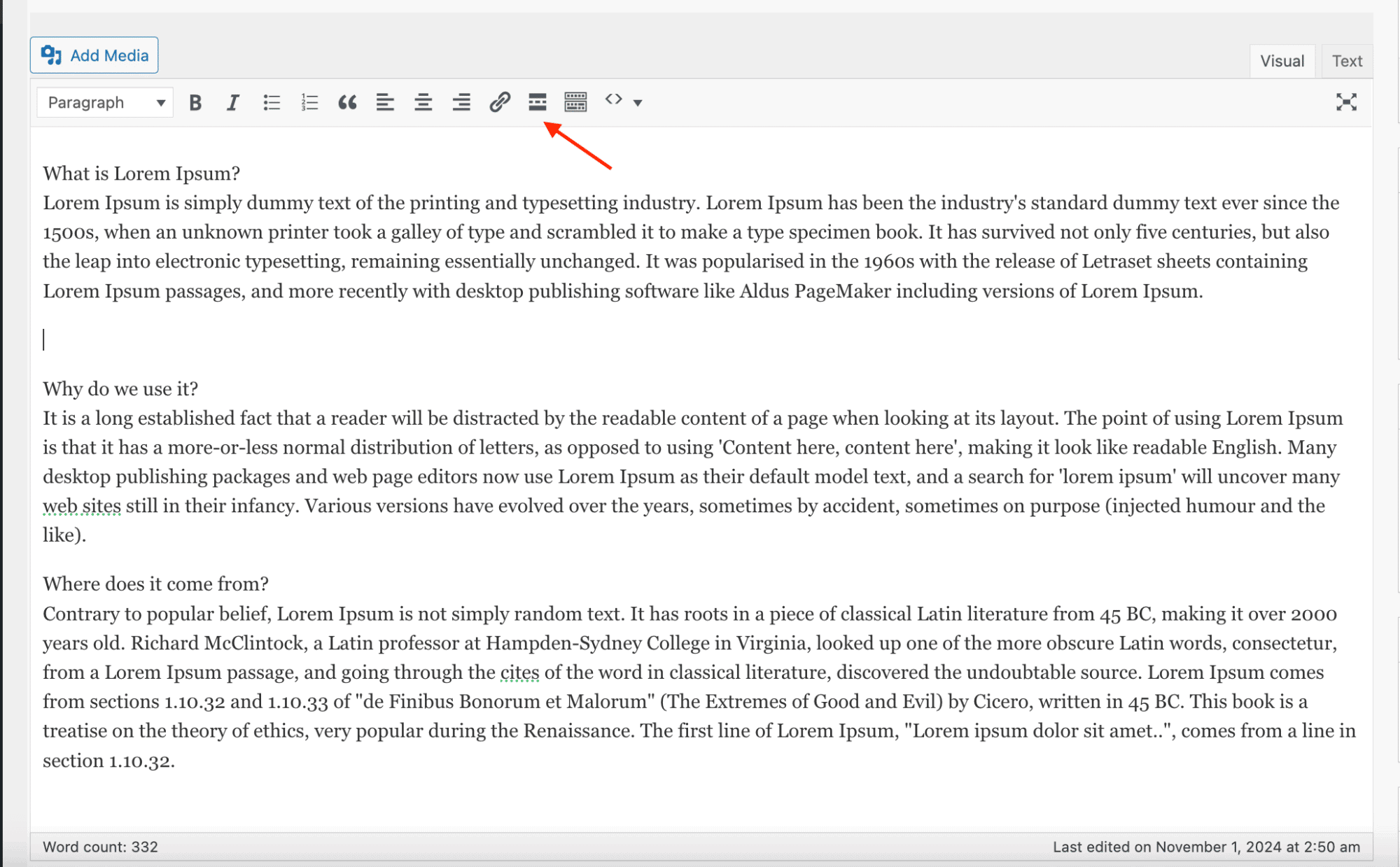 Adding the Read More tag from the Classic editor visual toolbar