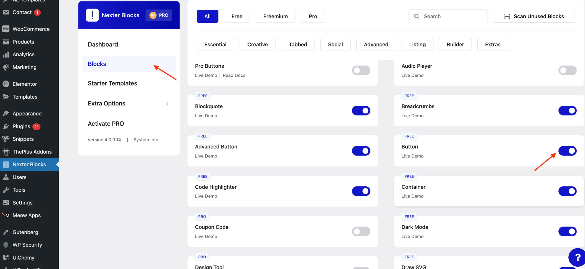 Enabling the Button block in the Nexter Blocks settings