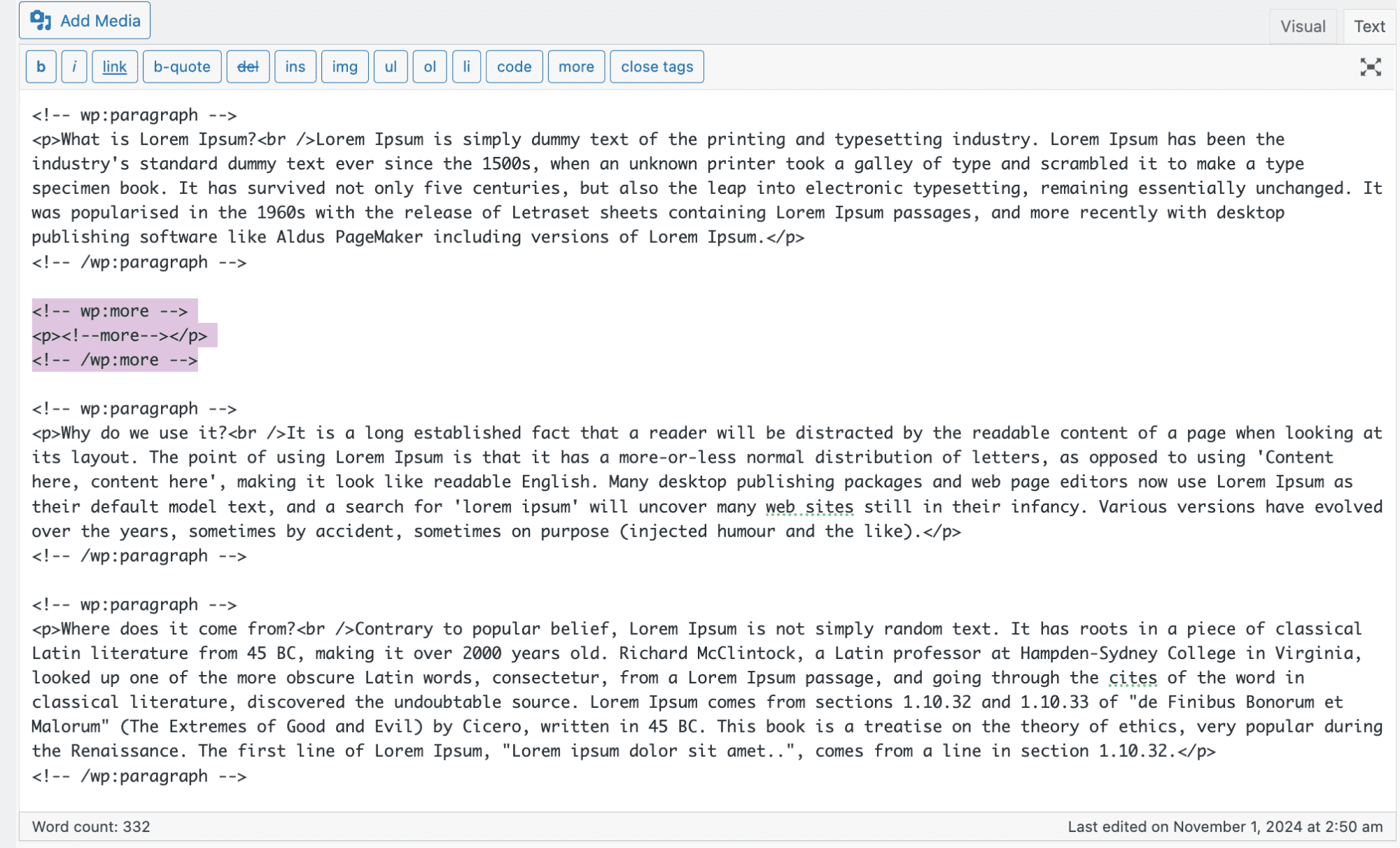 Adding the Read More tag in the Classic editor text view