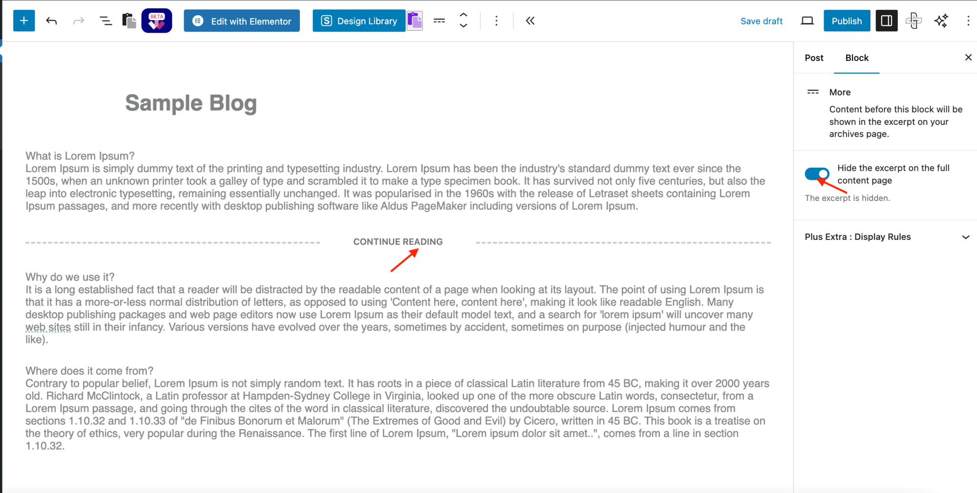 The Hide the excerpt on the full content page toggle on the More block
