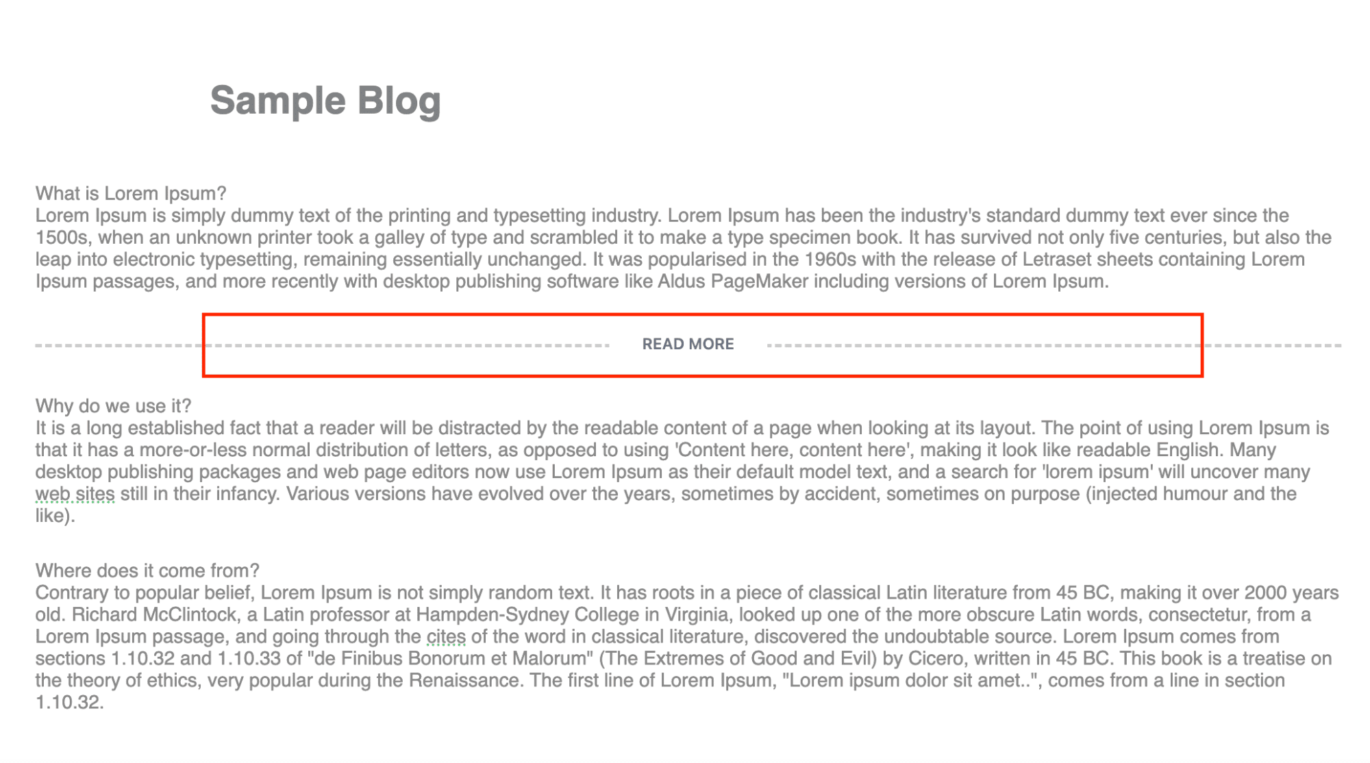 A Read More button preview in the WordPress block editor