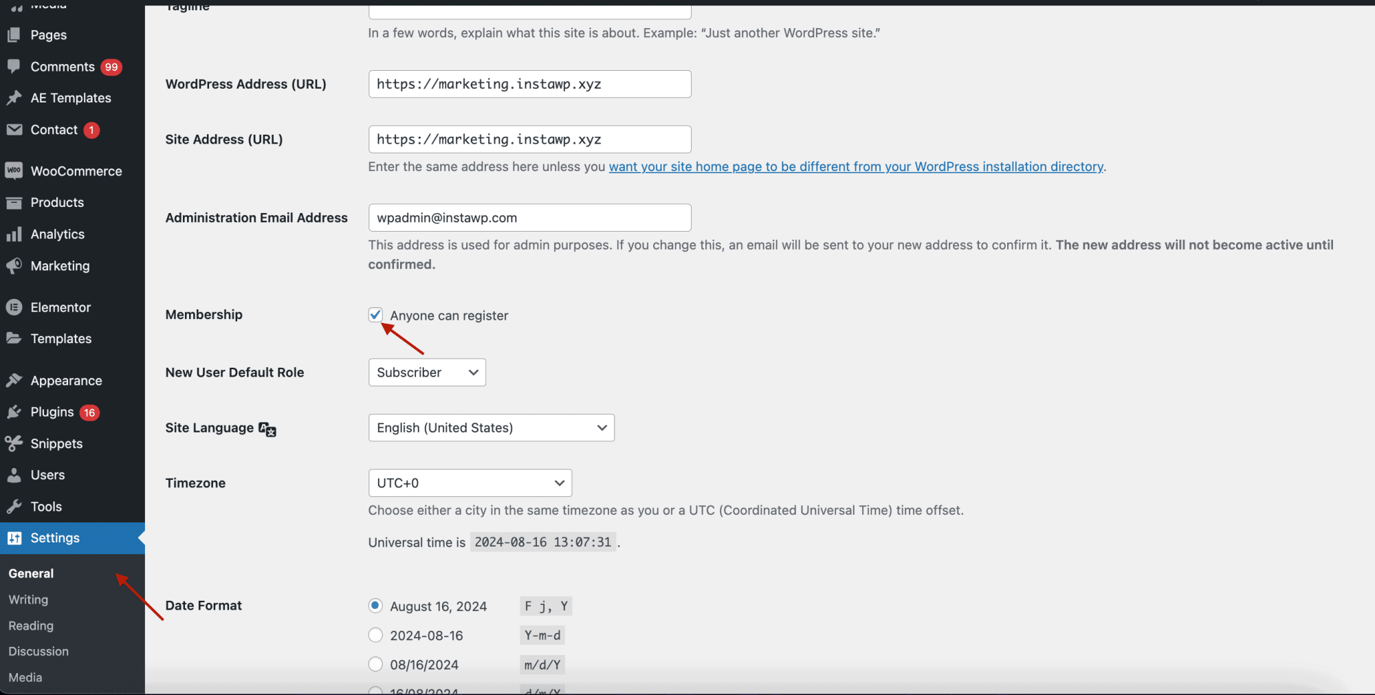 WordPress Settings General page with the Anyone can register Membership box unchecked