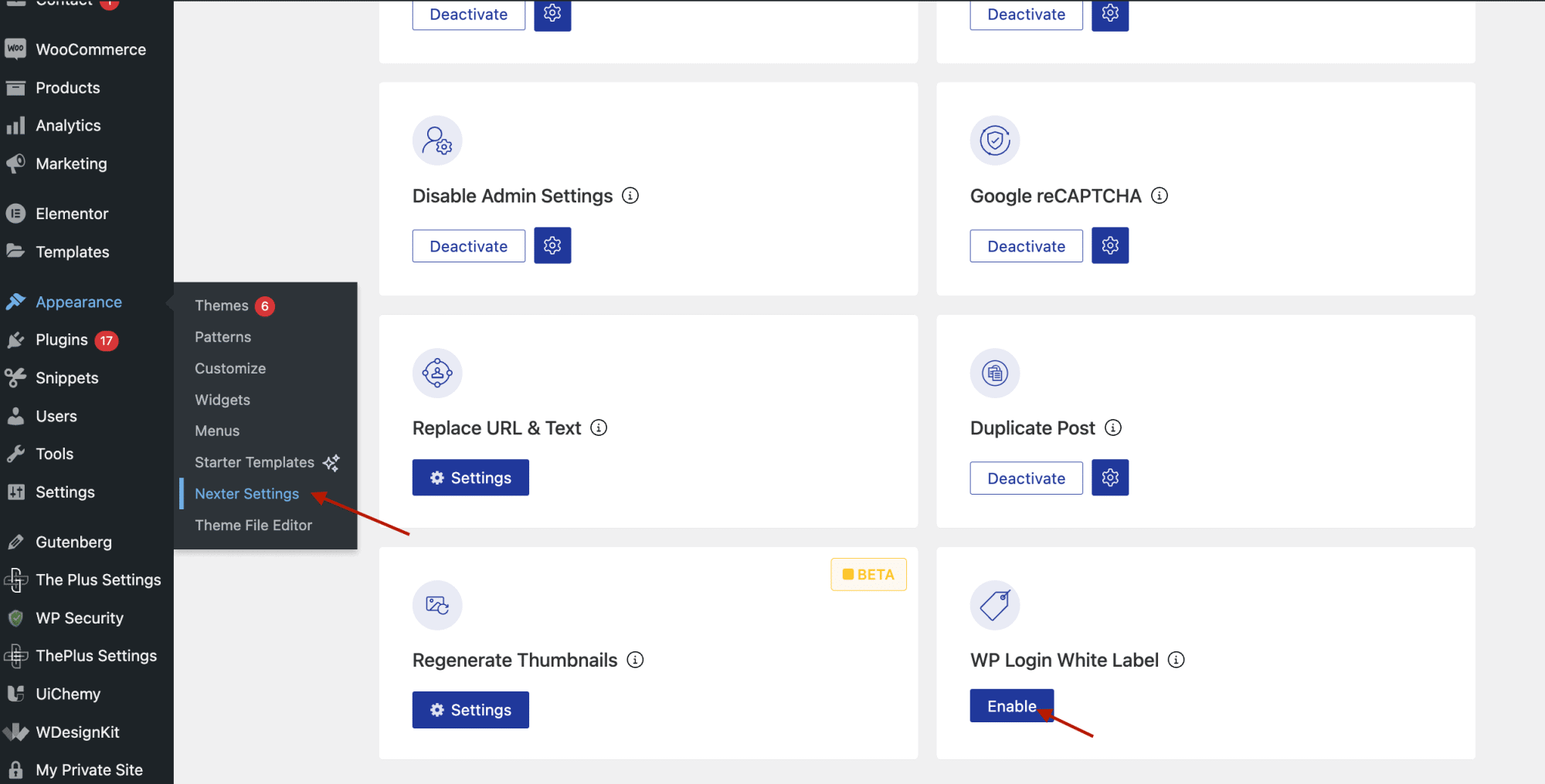 Nexter Blocks Extra Options panel with the WP Login White Label feature enabled