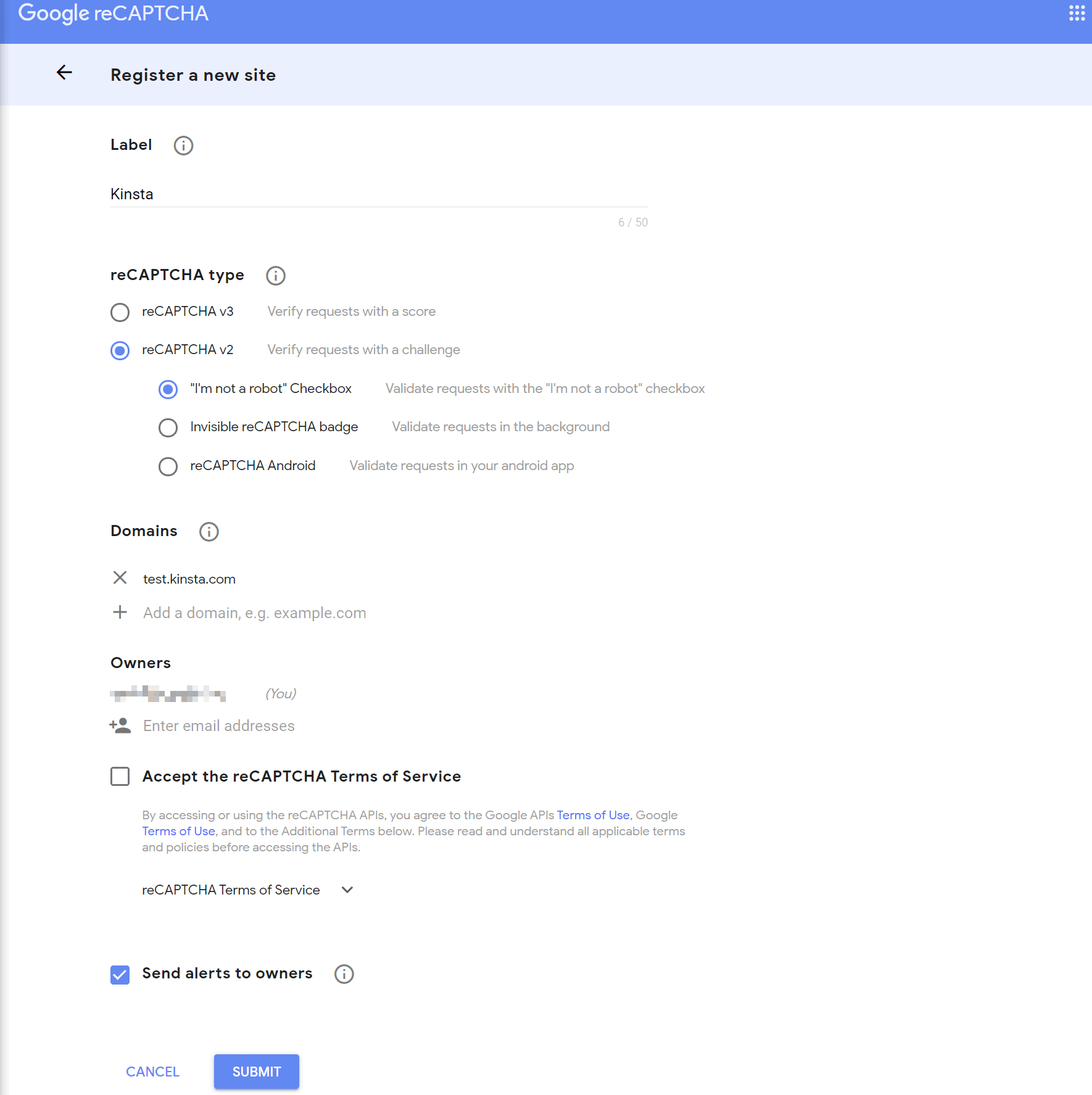 Google reCAPTCHA admin console generating a site key and secret key