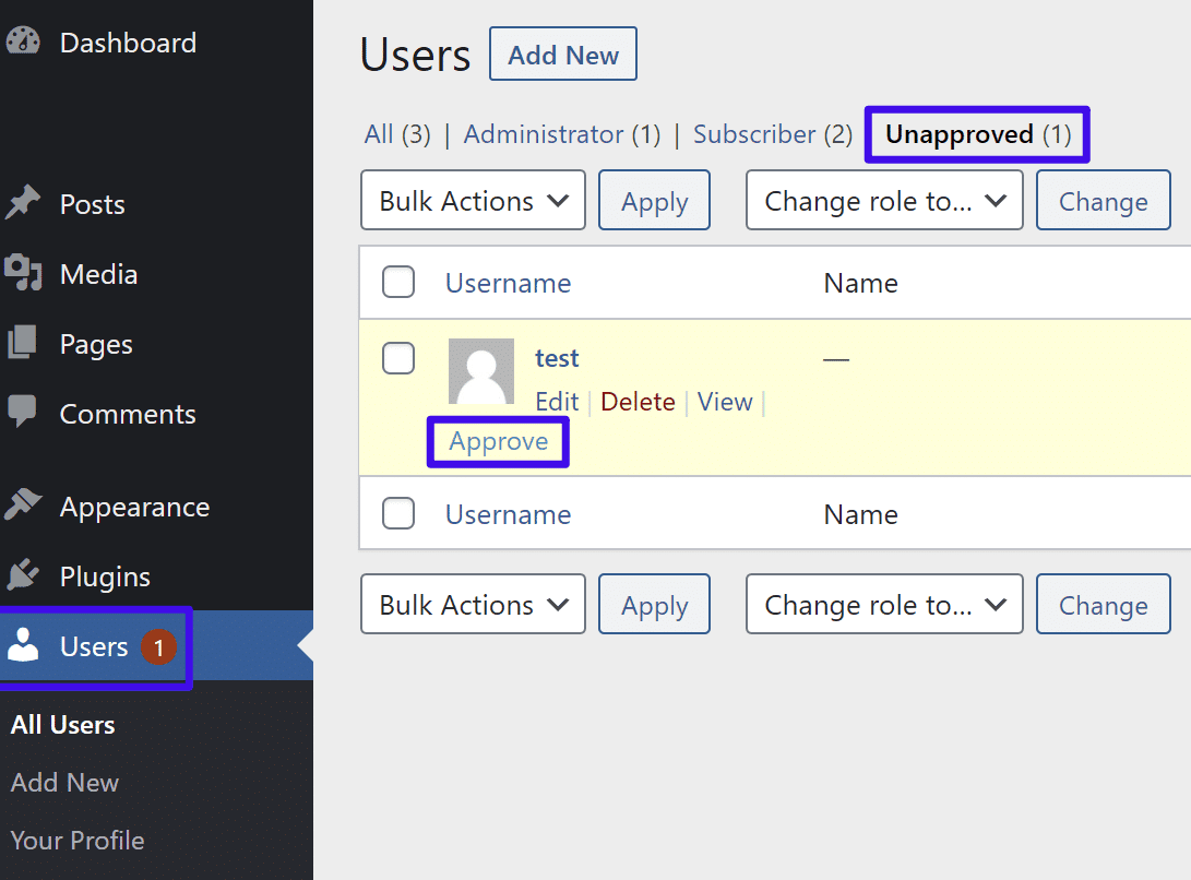 WordPress Users screen showing an Unapproved list of pending registrations to approve or delete