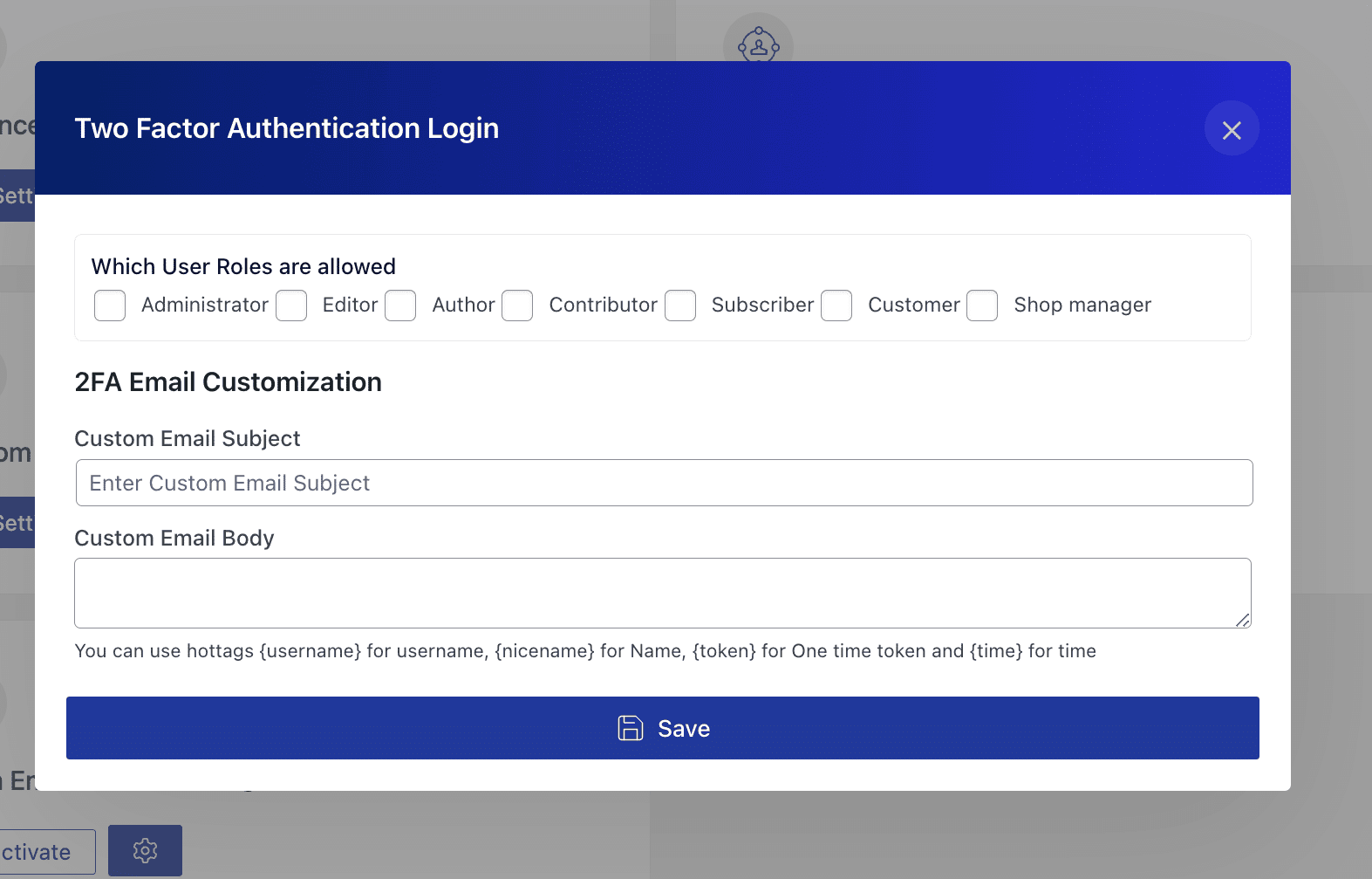Nexter Blocks Security settings with two-factor authentication enabled for selected user roles
