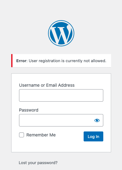 WordPress login screen showing the message User registration is currently not allowed